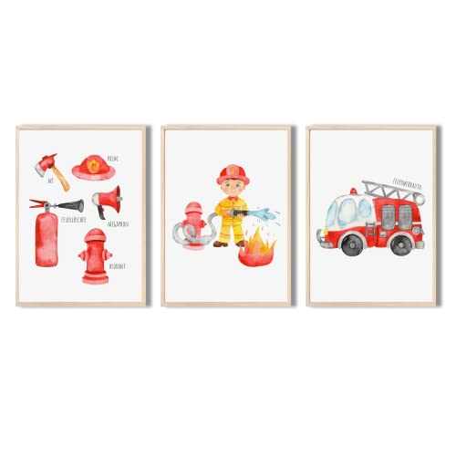 MeinBaby123® Bilder Kinderzimmer | 3er Set DIN A4 Poster Set Feuerwehr | Feuerwehrauto, Feuerwehrmann | Deko Kinderzimmer Junge | Babyzimmer Deko | Wandposter Premium (Feuerwehr V3) von MeinBaby123