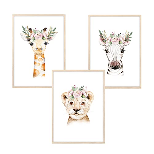 MeinBaby123® Bilder Kinderzimmer | 3er Set DIN A4 Poster Set | Wandbilder | Deko Bilder Kinderzimmer | Babyzimmer Deko | Giraff, Zebra, Löwe | Wandposter Premium (Tiere Kopfschmuck - Set 1) von MeinBaby123