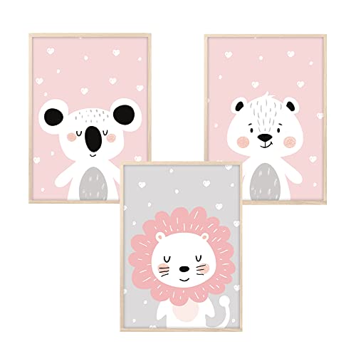 MeinBaby123® Bilder Kinderzimmer | 3er Set DIN A4 Poster Set | Wandbilder | Deko Bilder Kinderzimmer Mädchen | Babyzimmer Deko | Wandposter Premium (süße Freunde - rosa) von MeinBaby123