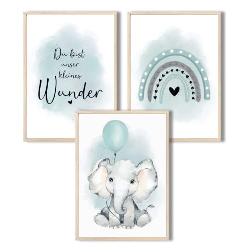 MeinBaby123® Bilder Kinderzimmer | 3er Set DIN A4 Poster Set | Wandbilder | Kinderzimmer Poster | Deko Bilder Kinderzimmer Mädchen und Jungen | Wandposter Premium (Elefant & Luftballon mint) von MeinBaby123