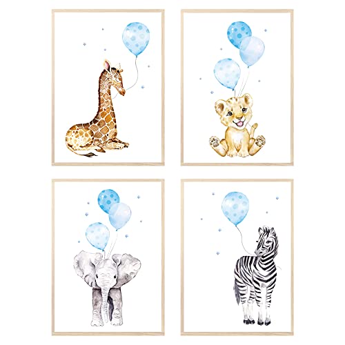 MeinBaby123® Bilder Kinderzimmer | 3er Set DIN A4 Poster Set | Wandbilder | Tiere Luftballon | Deko Bilder Kinderzimmer | Babyzimmer Deko I Wandposter Premium (Tiere & Luftballons blau) von MeinBaby123