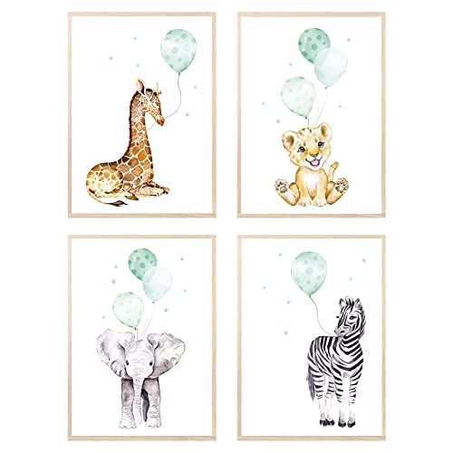 MeinBaby123® Bilder Kinderzimmer | 3er Set DIN A4 Poster Set | Wandbilder | Tiere Luftballon | Deko Bilder Kinderzimmer | Babyzimmer Deko | Wandposter Premium (Tiere & Luftballons mint) von MeinBaby123