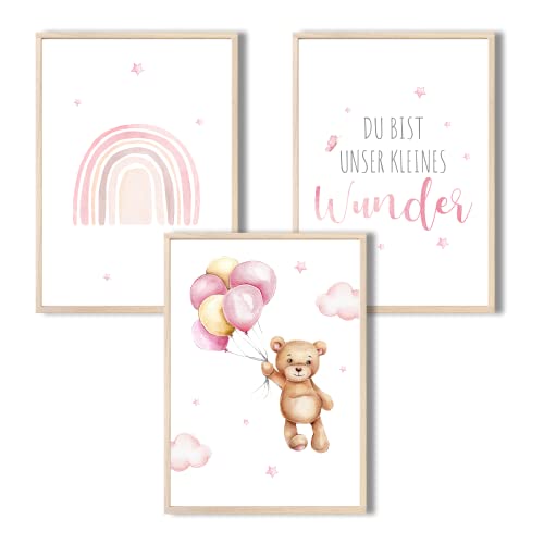 MeinBaby123® Bilder Kinderzimmer | 3er Set DIN A4 Poster Set | Wandbilder mit Spruch | Regenbogen | Deko Kinderzimmer Mädchen Junge | Babyzimmer Deko (Bär & Regenbogen rosa) von MeinBaby123