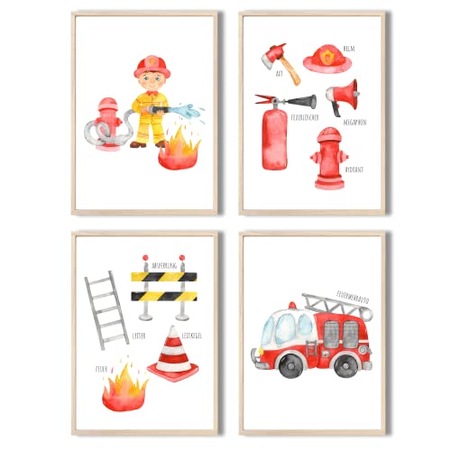 MeinBaby123® Bilder Kinderzimmer | 4er Set DIN A4 Poster Set Feuerwehr | Feuerwehrauto, Feuerwehrmann | Deko Kinderzimmer Junge | Babyzimmer Deko | Wandposter Premium (Feuerwehr V4) von MeinBaby123