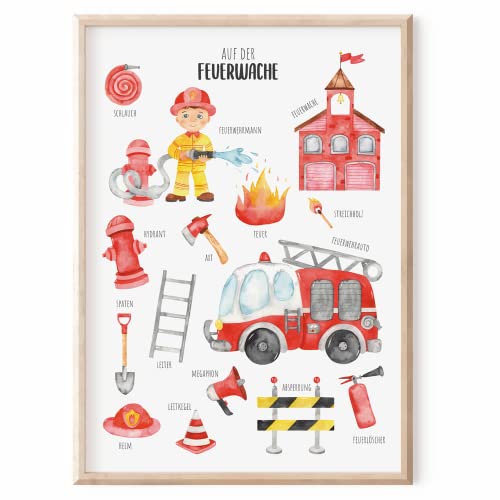 MeinBaby123® Bilder Kinderzimmer | DIN A2 Poster Feuerwehr | Feuerwehrauto, Feuerwehrmann | Deko Kinderzimmer Junge | Babyzimmer Deko | Wandposter Premium (Feuerwehr V1) von MeinBaby123