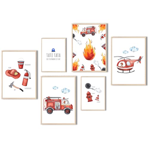 MeinBaby123® Bilder Kinderzimmer | DIN A4 & DIN A5 6er Poster Set Feuerwehr | Feuerwehrauto, Feuerwehrmann | Deko Kinderzimmer Junge | Babyzimmer Deko | Wandposter Premium (Feuerwehr V6) von MeinBaby123