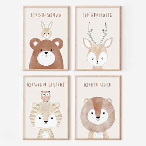 MeinBaby123® Affirmationsbilder | 4er Set DIN A4 Poster Set | Bilder Kinderzimmer Poster| Babyzimmer Deko | Wandposter Premium (Vier Freunde Affirmation) von MeinBaby123