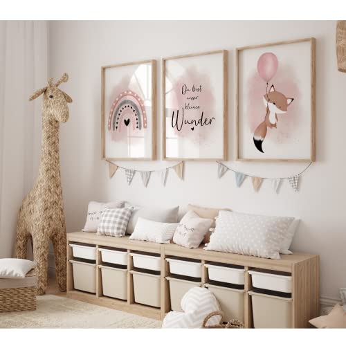 MeinBaby123® 3er Set DIN A2 Poster | Kinderzimmer Wandposter Premium | Deko Bilder | Fuchs & Luftballon Rosa von MeinBaby123