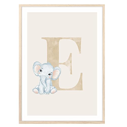 MeinBaby123® Buchstaben Poster DIN A4 Kinderzimmer Mädchen und Junge | Babyzimmer Deko | Bilder Kinderzimmer | Geschenkideen zur Geburt | Anfangsbuchstabe E (süßer Elefant) von MeinBaby123