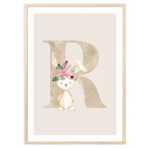 MeinBaby123® Buchstaben Poster DIN A4 Kinderzimmer Mädchen und Junge | Babyzimmer Deko | Bilder Kinderzimmer | Geschenkideen zur Geburt | Geburtsposter | Anfangsbuchstabe Poster R (Hase - R) von MeinBaby123