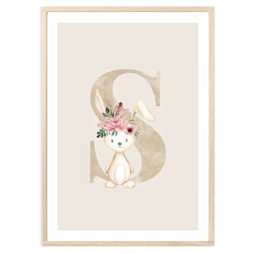 MeinBaby123® Buchstaben Poster DIN A4 Kinderzimmer Mädchen und Junge | Babyzimmer Deko | Bilder Kinderzimmer | Geschenkideen zur Geburt | Geburtsposter | Anfangsbuchstabe Poster S (Hase - S) von MeinBaby123