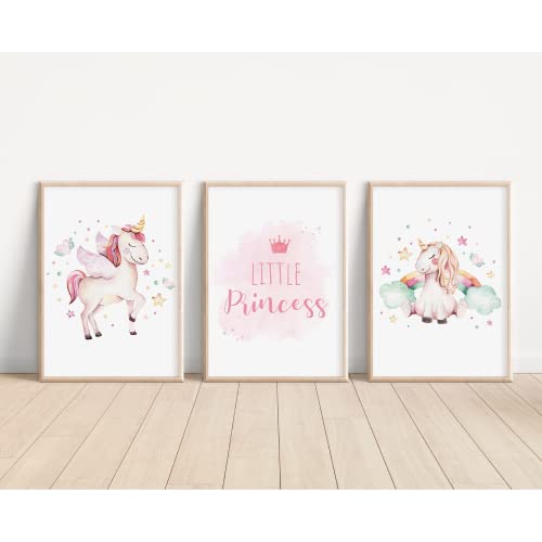 MeinBaby123® Einhorn Bilder für Kinderzimmer | 3er Set DIN A4 | Deko Poster Set | Geschenke für Mädchen | Baby Geschenk (Einhorn V2) von MeinBaby123