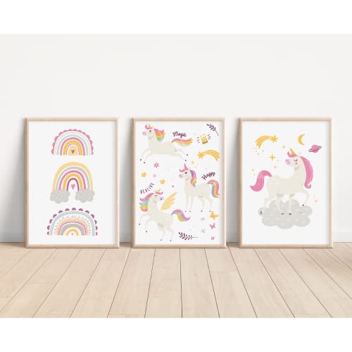 MeinBaby123® Einhorn Bilder für Kinderzimmer | 3er Set DIN A4 | Poster Set | Deko | Geschenke für Mädchen | Baby Geschenk (V7) von MeinBaby123