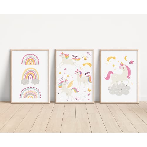 MeinBaby123® Einhorn Bilder Kinderzimmer | 3er Set DIN A4 | Einhorn Deko | Kinderzimmer Poster Set | Einhorn Geschenke für Mädchen | Kinderzimmer Deko Mädchen | Baby Geschenk (Einhorn V7) von MeinBaby123