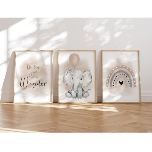 MeinBaby123® I Bilder Kinderzimmer | 3er Set DIN A4 Poster Set | Wandbilder | Kinderzimmer Poster | Deko Bilder Kinderzimmer Mädchen und Jungen | Wandposter Premium(Elefant & Luftballon beige) von MeinBaby123