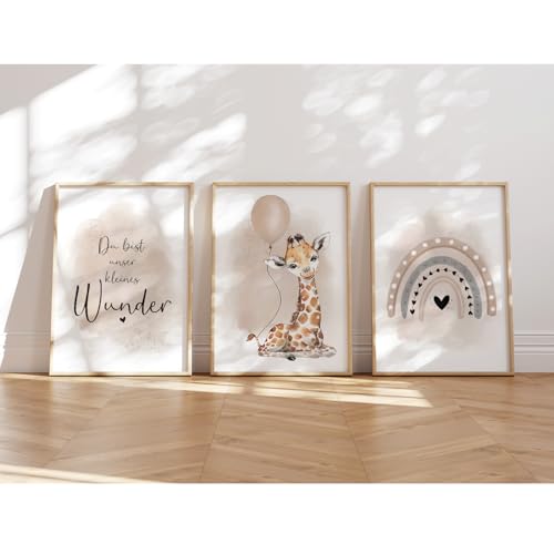 MeinBaby123® I Bilder Kinderzimmer | 3er Set DIN A4 Poster Set | Wandbilder | Kinderzimmer Poster | Deko Bilder Kinderzimmer Mädchen und Jungen | Wandposter Premium(Giraffe & Luftballon beige) von MeinBaby123