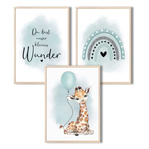 MeinBaby123® I Bilder Kinderzimmer | 3er Set DIN A4 Poster Set | Wandbilder | Kinderzimmer Poster | Deko Bilder Kinderzimmer Mädchen und Jungen | Wandposter Premium (Giraffe & Luftballon mint) von MeinBaby123