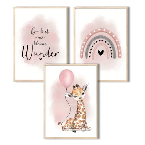 MeinBaby123® I Bilder Kinderzimmer | 3er Set DIN A4 Poster Set | Wandbilder | Kinderzimmer Poster | Deko Bilder Kinderzimmer Mädchen und Jungen | Wandposter Premium (Giraffe & Luftballon rosa) von MeinBaby123