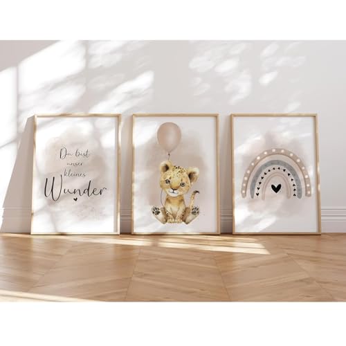 MeinBaby123® I Bilder Kinderzimmer | 3er Set DIN A4 Poster Set | Wandbilder | Kinderzimmer Poster | Deko Bilder Kinderzimmer Mädchen und Jungen | Wandposter Premium (Löwe & Luftballon beige) von MeinBaby123