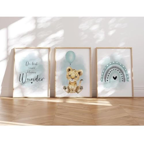 MeinBaby123® I Bilder Kinderzimmer | 3er Set DIN A4 Poster Set | Wandbilder | Kinderzimmer Poster | Deko Bilder Kinderzimmer Mädchen und Jungen | Wandposter Premium (Löwe & Luftballon mint) von MeinBaby123