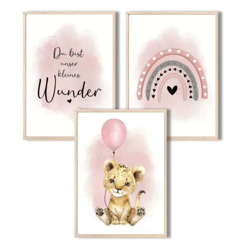 MeinBaby123® I Bilder Kinderzimmer | 3er Set DIN A4 Poster Set | Wandbilder | Kinderzimmer Poster | Deko Bilder Kinderzimmer Mädchen und Jungen | Wandposter Premium (Löwe & Luftballon rosa) von MeinBaby123