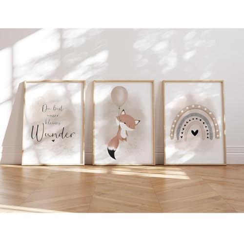 MeinBaby123® I Bilder Kinderzimmer | 3er Set DIN A4 | Wandbilder | Kinderzimmer Poster | Deko Bilder Kinderzimmer Mädchen und Jungen | Babyzimmer Deko (Luftballon & Fuchs beige) von MeinBaby123