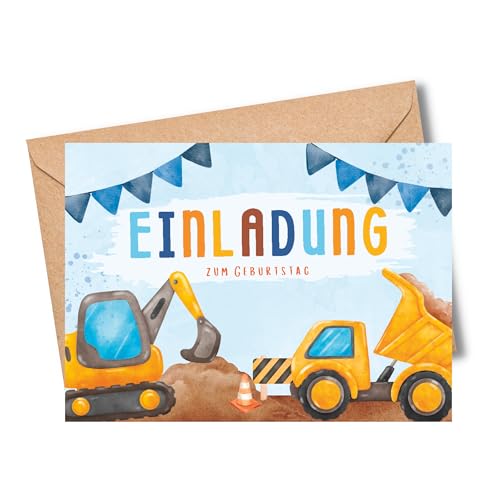 MeinBaby123® 10 Einladungskarten Kindergeburtstag Jungs | süße Geburtstagseinladungen für Kinder | Bagger Einladungskarten | inkl. 10 Briefumschläge | Premium Qualität (Bagger V3) von MeinBaby123