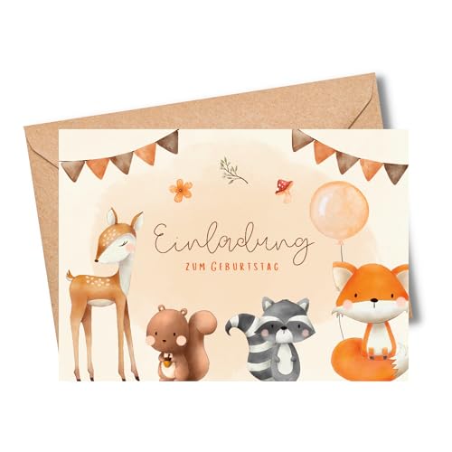 MeinBaby123® 10 Einladungskarten Kindergeburtstag Jungs und Mädchen | Geburtstagseinladungen für Kinder | Wald Tiere | inkl. 10 Briefumschläge | Premium Qualität (Süße Tiere V1) von MeinBaby123