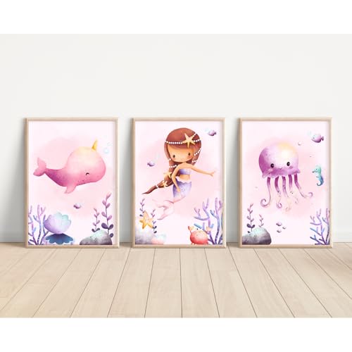 MeinBaby123® Meerjungfrauen Poster | 3er Set DIN A4 | Kinderzimmer Deko für Mädchen | Bild | Geschenk (Meerjungfrauen V1) von MeinBaby123