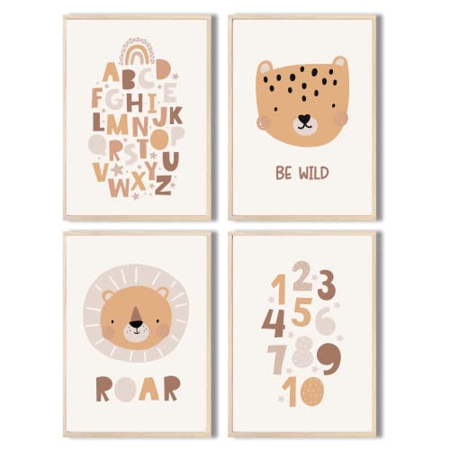 MeinBaby123® Poster Kinderzimmer | 4er Set DIN A4 | Wandbilder | Deko Bilder | Zahlen, ABC | Babyzimmer Deko | Wandposter Premium (Süße Tiere V4) von MeinBaby123