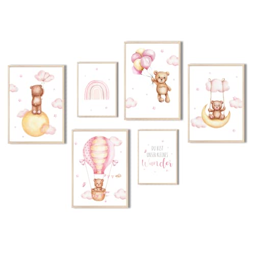 MeinBaby123® Poster Kinderzimmer | 6er Set DIN A4 Poster Set | Wandbilder mit Spruch | Regenbogen | Deko Kinderzimmer Mädchen Junge | Babyzimmer Deko (Bär & Luftballon rosa) von MeinBaby123