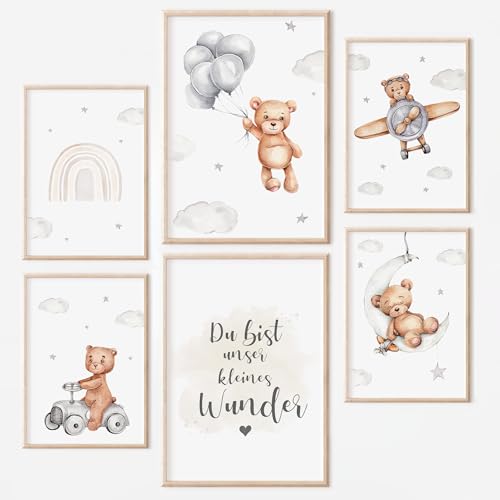 MeinBaby123® Poster Kinderzimmer | 6er Set DIN A4 Poster Set | Wandbilder mit Spruch | Regenbogen | Deko Kinderzimmer Mädchen und Jungen | Babyzimmer Deko (Bär & Flugzeuge) von MeinBaby123