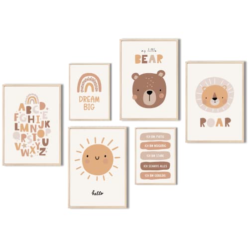 MeinBaby123® 6er Set DIN A4 Wandbilder | Kinderzimmer Poster | Deko Bilder | Affirmationen | ABC Poster | Babyzimmer Deko (V2 Süße Tiere) von MeinBaby123