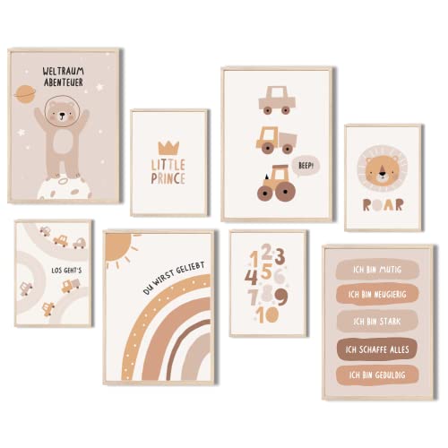 MeinBaby123® Poster Set für Kinderzimmer | 8er Set DIN A4 & DIN 5 | Wandbilder | Deko Bilder | Babyzimmer Deko | Wandposter Premium (Bär & Traktor) von MeinBaby123