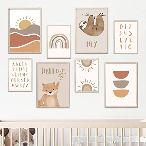 MeinBaby123® Poster Kinderzimmer DIN A4 und A5 Set Wandbilder Deko Bilder Boho Babyzimmer Wandposter Premium (Faultier & Bär 8er Set) von MeinBaby123