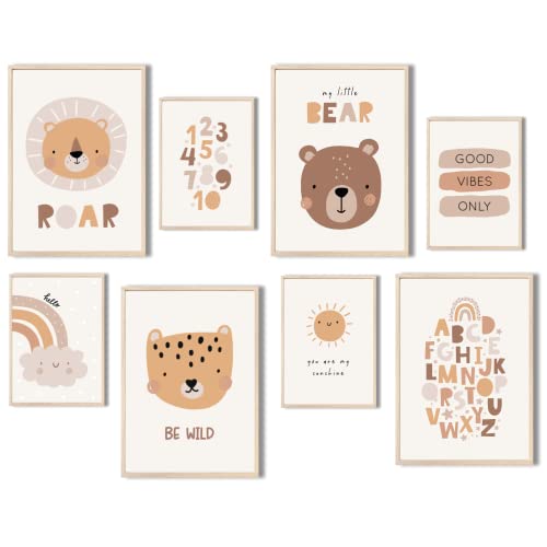 MeinBaby123® Poster Kinderzimmer - 8er Set DIN A4 & A5 | Wandbilder | Deko Bilder | Zahlen ABC Poster | Babyzimmer Deko (Süße Tiere V6) von MeinBaby123