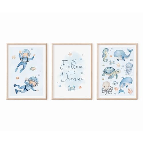 MeinBaby123® Unterwasserwelt Bilder 3er Set DIN A4 | Wal, Schildkröte, Delfin, Seepferdchen | Kinderzimmer Deko Meer | Geschenk zur Geburt (Unterwasserwelt V2) von MeinBaby123