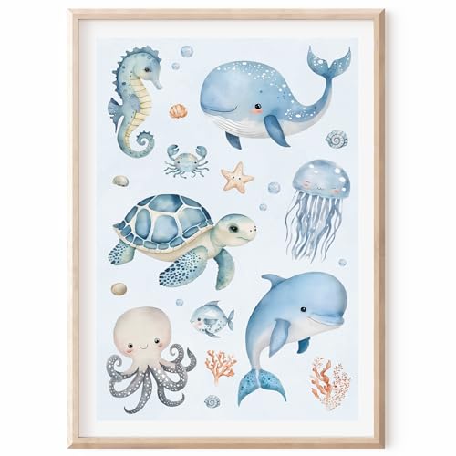 MeinBaby123® Unterwasserwelt DIN A2 Poster | Wal, Schildkröte, Delfin, Seepferdchen | Kinderzimmer Deko Meer | Bilder | Geschenk zur Geburt (Unterwasserwelt V1) von MeinBaby123