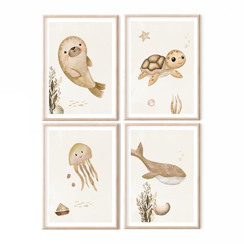 MeinBaby123® Unterwasserwelt Poster | 4er Set DIN A4 | Robbe, Qualle, Schildkröte, Wal | Kinderzimmer Deko Meer | Bilder | Geschenk zur Geburt (Unterwasserwelt V8) von MeinBaby123