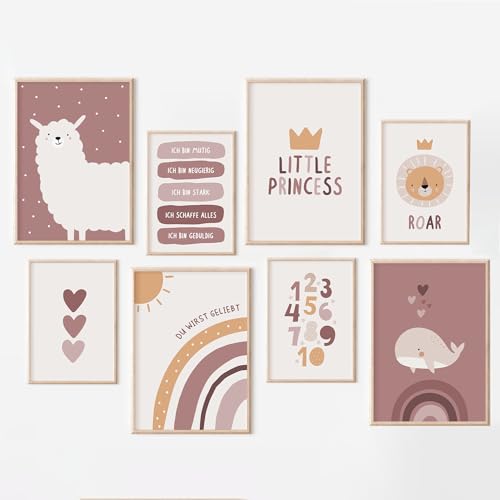 MeinBaby123® Poster Kinderzimmer | 8er Set DIN A4 & DIN A5 Poster Set | Wandbilder | Deko Bilder Kinderzimmer | Boho | Babyzimmer Deko | Wandposter Premium (Alpaka & Freunde rosa 8er Set) von MeinBaby123