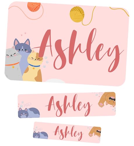 Meinearmbänder Schulaufkleber – Katzen-Design – 100 personalisierte Namensaufkleber – 3 Größen zum Beschriften von Schulmaterial & Büchern – Geschenk zum Schulanfang von Meinearmbänder