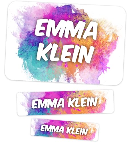 Meinearmbänder Schuletiketten mit Namen – 50er Pack – Farbklecks-Design – Wasserdichte Namensaufkleber zum Beschriften von Heften, Büchern und Schulmaterial Meinearmbänder Schuletiketten mit Namen – 50er Pack – Farbklecks-Design – Wasserdichte Namensaufkleber zum Beschriften von Heften, Büchern und Schulmaterial von Meinearmbänder