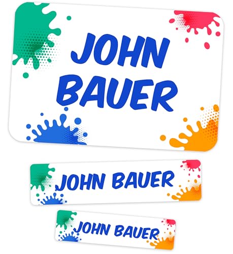 Meinearmbänder Schuletiketten mit Namen – 50er Pack – Farbklecks-Design – Wasserdichte Namensaufkleber zum Beschriften von Heften, Büchern und Schulmaterial Meinearmbänder Schuletiketten mit Namen – 50er Pack – Farbklecks-Design – Wasserdichte Namensaufkleber zum Beschriften von Heften, Büchern und Schulmaterial von Meinearmbänder