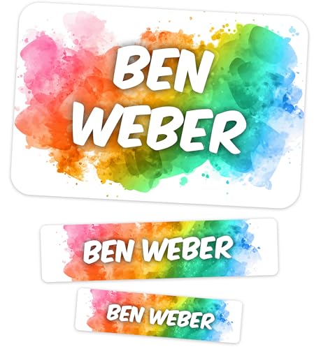 Meinearmbänder Schuletiketten mit Namen – 50er Pack – Farbklecks-Design – Wasserdichte Namensaufkleber zum Beschriften von Heften, Büchern und Schulmaterial Meinearmbänder Schuletiketten mit Namen – 50er Pack – Farbklecks-Design – Wasserdichte Namensaufkleber zum Beschriften von Heften, Büchern und Schulmaterial von Meinearmbänder