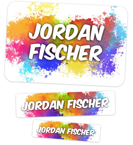Meinearmbänder Schuletiketten mit Namen – 50er Pack – Farbklecks-Design – Wasserdichte Namensaufkleber zum Beschriften von Heften, Büchern und Schulmaterial von Meinearmbänder