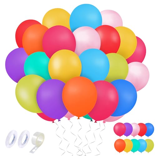 100 Stück Bunte Luftballons, 12 Zoll Farben Latex Ballons mit 1 Ballon Girlande Streifen,2 Bändern, Regenbogen Helium Partyballon für Hochzeit,Kinder Party,Baby-Dusche Party von Meinraum