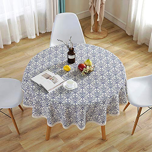 Meiosuns Tischdecken Blau und Weiß Porzellan Tischdecke Baumwolle Leinen Tischdecke Rechteck Staubdicht Tischdecke für Abendessen Picknick Top Dekoration (Diameter 100cm, Blau und weiß) von Meiosuns