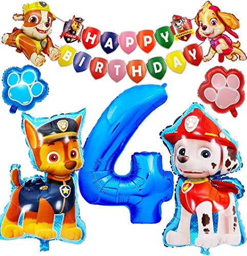 Paw Dog Patrol Luftballon,Fellfreunde Luftballon Geburtstag Dekoration Set, Hund Geburtstag Deko, Riesenzahl 3 Ballon Kompakt Happy Birthday Deko für Kinde (4) von Meiruier