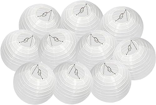 Meisax 10 Stücke Lampions mit Dochte 25cm Rund Papier Lampenschirm Weiß Papierlaterne Classic Bamboo Style Papierlampion für Hochzeitsdeko Geburtstag Garten(Weiß, 25CM) von Meisax