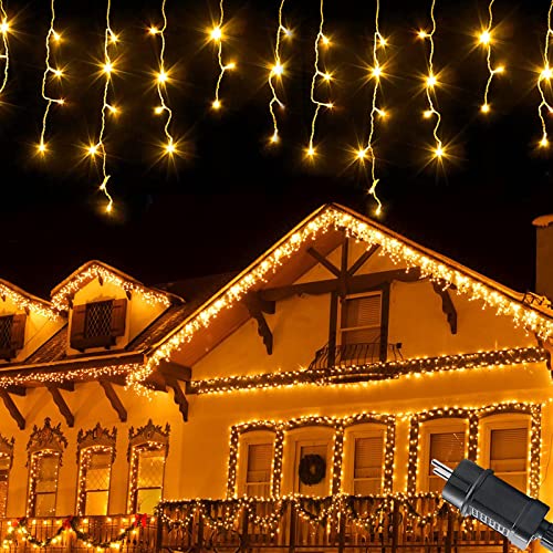 Meision Eisregen Lichterkette Außen 10m 400LEDs, Lichtervorhang mit 8 Modi und Timer, Speicherfunktion, IP44 Wasserfest, Eiszapfen Lichterkette Inner für Weihnachten Traufe Halloween, Warmweiß von Meision